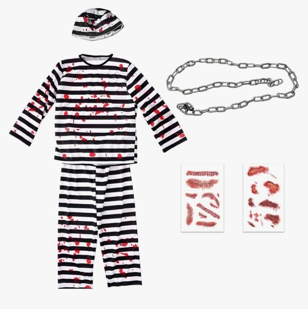 Striped Prisoner Costume with Hat and Chain